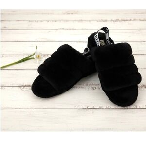 UGG Fluff Yeah Slide Black Women's Size 9 Fuzzy Slingback Sandals‎ Cozy Y2K